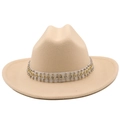Beige wool felt fedora hat for women with silver studs and rhinestone pearl band decoration - M (56-58cm) / Beige