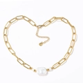 18K gold plated stainless steel paperclip chain necklace with baroque pearl pendant - Necklace (YN870) / Gold