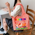 Red gingham canvas tote bag with cute cartoon animal print and colorful ice cream text - Red Gingham Ice Cream