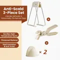Cream-colored heat-resistant kitchen set with stainless steel clips and silicone gloves - Anti-scald 3-Piece Set / Plate Clamp + Bowl Clamp + Anti Scalding Gloves