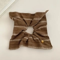 Plaid bow hair scrunchie in brown cotton linen with a tiny golden heart charm - Coffee Striped Scarf