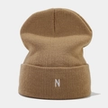 Detail of tan ribbed knit beanie featuring high-quality white letter N embroidery - Khaki