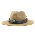Strohoed in boho-stijl met kralenband en turquoise steen voor natuurlijke zonbescherming - M (56-58cm) / Khaki