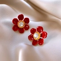 Boucles d'oreilles fleurs en émail rouge avec un grand cristal de diamant central étincelant - Style Strass Fleur Or Rouge avec Tige en Argent (76#)