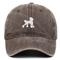 Close-up of vintage washed cotton baseball cap featuring detailed white poodle embroidery - Coffee