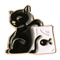 Cute black enamel cat brooch with gold plating holding a white fish bag badge - XZ7781-Black Cat Holding Bag