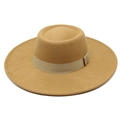Detailed top view of a camel wool felt boater hat with a wide brim and ribbon trim - M (56-58cm) / Camel