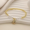 Handmade cherry pendant beaded bracelet with gold beads and white pearls on wavy base - E000419YS-Red Green Zircon Cherry