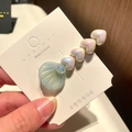 Cute mermaid style light blue shell hair clip with pearlescent heart decorations - 10# Mermaid Heart Large Shell - Blue