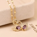 Collana elegante a doppio cigno dorato con pietre viola a pera e cristalli di zircone bianchi - Oro Strass Viola (8412)