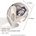 Detailed technical drawing of a silver 316L stainless steel S-shaped wide dome ring - Adjustable Open / Hammered Spherical Dome Open Ring / Steel