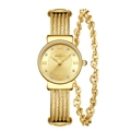 Elegante conjunto de reloj y pulsera dorados con números romanos y diamantes incrustados - Dorado