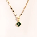 Golden titanium steel flat chain necklace with green clover pendant and beaded edges - Clover Green