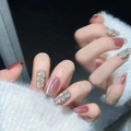 Uñas postizas ojo de gato rosa empolvado con detalles de piedras y acabado brillante - XS / 1352-Té de Jazmín Ataúd Corto