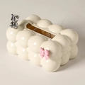 Creamy white bubble tissue box with silver bear and pink bow for luxury home decor - With Bear + Bow / Cream