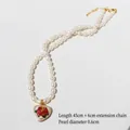 Collier de perles vintage avec pendentif cœur émaillé rose rouge et chaîne de 45 cm - Style Perle