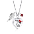 Silver heart urn necklace with red cardinal, angel wing charm, and red crystal stone - January/Red