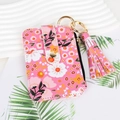 Pink floral card holder with golden keychain and decorative pink tassel detail - Pink Floral