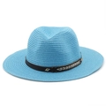 Detail of sky blue straw fedora featuring a black leather band and metal rivet accents - M / Lake Blue