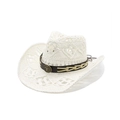 White straw cowboy hat with brown leather band and metal bull head emblem on white background - M (56-58cm) / White