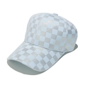 Close-up of sky blue baseball cap featuring a premium metallic gold checkered pattern - Sky Blue/Gold