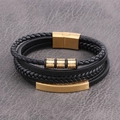 Detail of multi-layer men's black leather braided bracelet with golden magnetic clasp - Gold/Square Bar