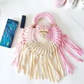 Handmade crochet fringe shoulder bag in pink and beige with golden triangle lock clasp - Pink & Cream Mix