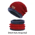 Winter men's knitted hat and scarf set in wine red with thick fleece lining - Adult Set (Hat + Scarf) / Burgundy