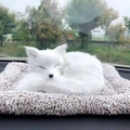 Detailed close-up of a realistic white plush fox sleeping on a cushion in a car - Large Simulation White Fox