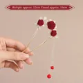 Golden U-shaped hair pin with velvet red roses and white pearls and long tassels - Pearl Leaf Rose - Gold
