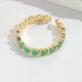 Adjustable golden open ring featuring continuous green enamel heart pattern design - Green