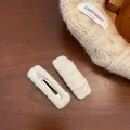 Pair of warm white plush knit hair clips in flat and wavy styles for autumn winter - Two-Piece Set / Off White