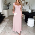 Elegante abito lungo rosa con maniche a sbuffo, scollo a squadro e vita alta - Taglia S / Rosa chiaro