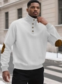 Detail of white waffle knit sweatshirt with brown elbow patches and button collar - S / Tops / White