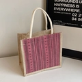 Linen tote bag with pink corduroy panel and white cotton rope handles for women - Pink Zipper Style