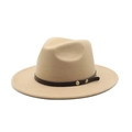 Detail of beige wool fedora featuring dark brown leather band and gold metal buckles - M (56-58cm) / Camel