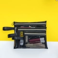 Three-piece set of black nylon mesh cosmetic bags with zipper and side handles for travel - 44L#+45M+46S Side Pull Flat 3-Piece Set