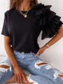 Detail of layered ruffle sleeve on black crew neck t-shirt with soft cotton texture - S / Black