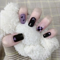 Short square press-on nails with black and purple heart, star and checkerboard patterns - HY280 Black Purple Checkerboard Heart