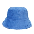 Close-up of fluffy bright blue faux fur bucket hat showing soft plush texture and warmth - One Size / Blue