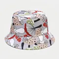 Close-up of light grey bucket hat with colorful mushroom print patterns and cotton texture - M (56-58cm) / 17# White Colorful Mushroom