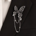 Gothic silver butterfly brooch with black enamel inlay and metal chain tassels - Butterfly Tassel Brooch (DZ-681)