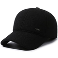 Herren Winter-Baseballkappe aus schwarzer Wolle mit Ohrenschutz und Metall-Logo-Detail - Verstellbar / Schwarz (RABIT Stil)