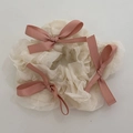 Cream mesh scrunchie with pink satin bows featuring ballet style hair accessory - Beige Scrunchie