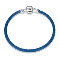 Braided blue leather cord bracelet with silver barrel clasp for charms and beads - 16cm / Blue