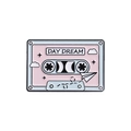 Detail of pink and blue retro cassette enamel pin with 'DAY DREAM' text and paper plane - Day Dream Style (QHXZ289)
