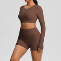 Detail view of high-waist yoga shorts and long-sleeved crop top in chocolate brown set - S / Chestnut Brown