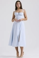 Detail of light blue dress showing pleated bodice with bow and high slit skirt - Light Blue