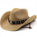 Chapeau de cowboy en paille style ethnique avec bande en cuir à tête de mort - M (56-58cm) / Khaki