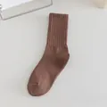 Women solid coffee brown ribbed crew socks in minimalist Korean style cotton blend - Coffee